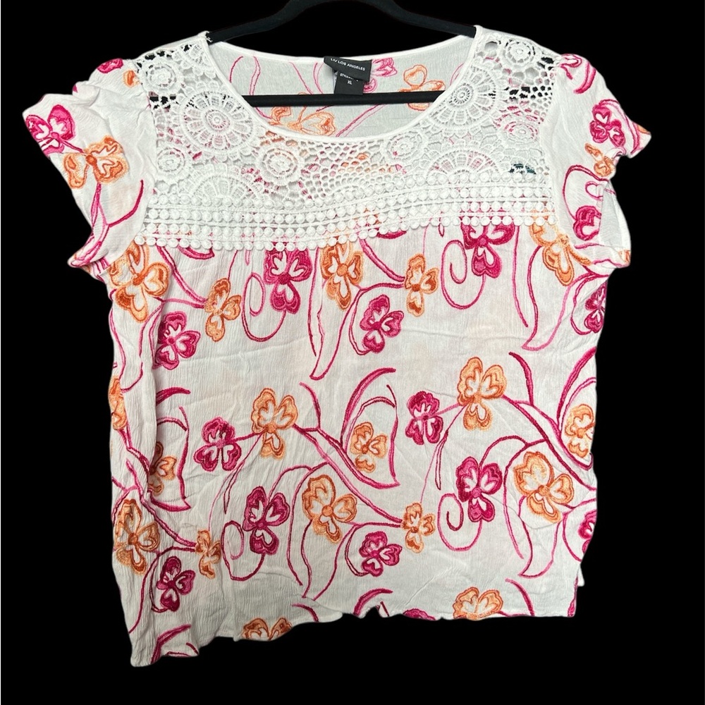 Liv Los Angeles Top Womens XL Gauzy Crochet Floral Cottagecore Boho Embroidered